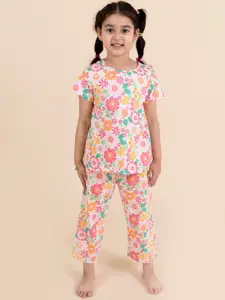pspeaches Girls Pink Printed Pure Cotton Night suit