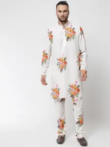 MAXENCE Men Off White Floral Printed Pure Cotton Kurta with Churidar