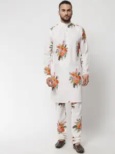 MAXENCE Men Off White Floral Printed Pure Cotton Kurta with Churidar