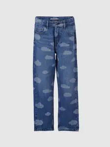 KIDS ONLY Girls Blue Mom Fit Printed Light Fade Cotton Jeans