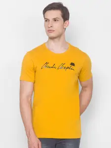 SPYKAR Men Yellow Typography Printed Slim Fit Cotton T-shirt