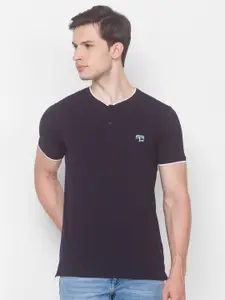 SPYKAR Men Navy Blue Henley Neck Slim Fit T-shirt
