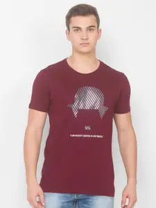 SPYKAR Men Wine Red & Grey Printed Slim Fit T-shirt