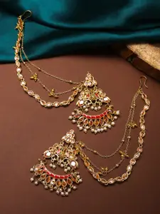 Voylla Red & Gold Apsara Bridal Enamelled with Pearl Heavy Earrings