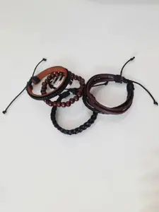 RICH AND FAMOUS Men Set Of 4 Black & Brown Leather Wraparound Bracelet