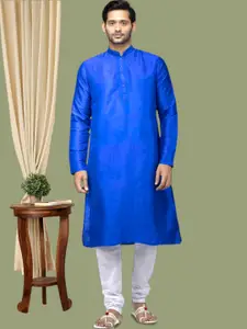 TATTVA Men Blue & White Pure Silk Kurta with Churidar