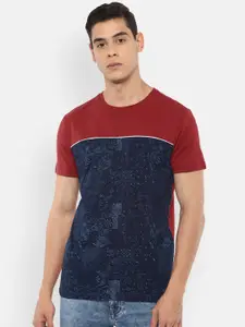 Louis Philippe Jeans Men Navy Blue & Maroon Colourblocked Slim Fit Cotton T-shirt