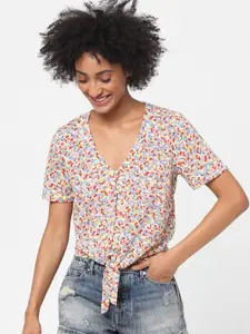 ONLY Women White & Blue Floral Print Top