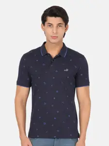 Crocodile Men Navy Blue Printed Polo Collar Slim Fit T-shirt