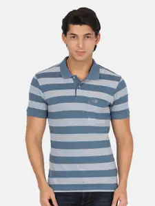 Crocodile Men Blue & Grey Striped Polo Collar Slim Fit T-shirt