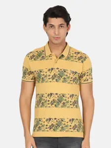 Crocodile Men Yellow Floral Printed Polo Collar Slim Fit T-shirt