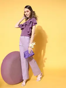 Athena Women Elegant Purple Solid Feminine Frills Top
