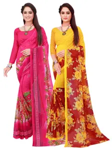 Florence Pack of 2 Pink & Yellow Floral Pure Georgette Sarees
