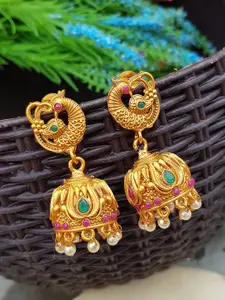 GRIIHAM Gold-Plated Green & Pink Dome Shaped Jhumkas Earrings