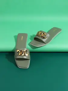 Mochi Women Green & Gold-Toned Open Toe Flats with Buckles