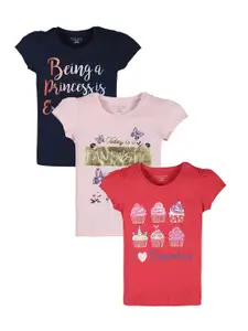 PLUM TREE Girls Pink & Navy Blue Pack Of 3 Of 3 Printed Cotton T-shirts