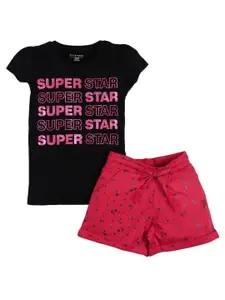 PLUM TREE Girls Red & Black Printed Cotton T-shirt with Shorts