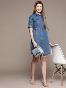 Ishin Women Navy Blue Solid Denim Shirt Style Dress