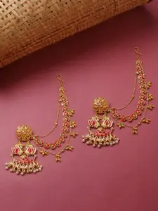 Voylla Red Gold Plated Apsara Bridal with Pearl Traditional Chain Earrings