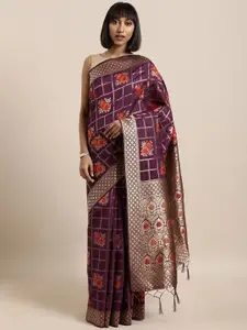 Mitera Purple & Golden Floral Zari Silk Blend Banarasi Saree