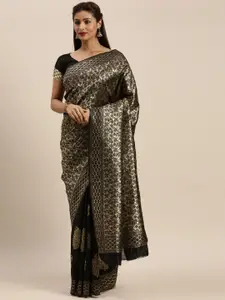 Mitera Black & Golden Floral Zari Silk Blend Banarasi Saree