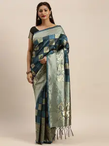Mitera Blue & Gold-Toned Woven Design Zari Silk Blend Banarasi Saree