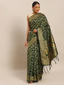 Mitera Olive Green & Gold-Toned Woven Design Zari Silk Blend Banarasi Saree