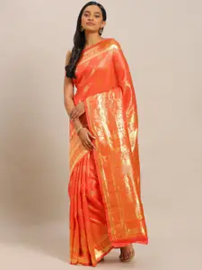 Mitera Peach-Coloured & Gold-Toned Woven Design Zari Silk Blend Banarasi Saree