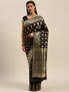 Mitera Black & Gold-Toned Woven Design Zari Silk Blend Banarasi Saree