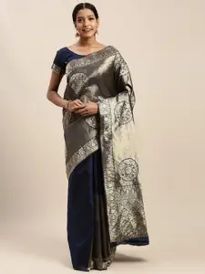 Mitera Navy Blue & Gold-Toned Woven Design Zari Silk Blend Banarasi Saree