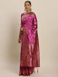 Mitera Pink & Golden Floral Zari Silk Blend Banarasi Saree
