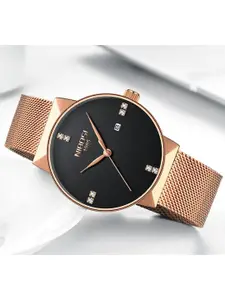 Nibosi Men Black Dial & Rose Gold Toned Stainless Steel Straps Analogue Watch NB-2323