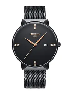 Nibosi Men Black Dial & Black Stainless Steel Bracelet Style Straps Analogue Watch NB-2323