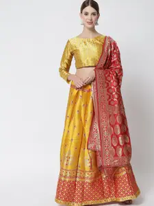 DIVASTRI Red & Mustard Banarasi Silk Semi-Stitched Lehenga & Unstitched Blouse & Dupatta