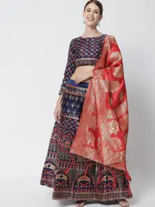 DIVASTRI Blue & Red Banarasi Ready to Wear Lehenga & Unstitched Blouse With Dupatta