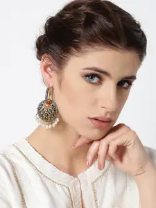 PANASH Multicoloured Gold-Plated Stone-Studded Antique Hoop Earrings