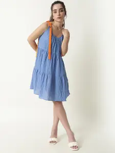 RAREISM Women Blue Solid Cotton A-Line Dress