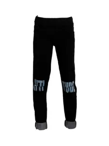 V-Mart Girls Black Solid Slash Knee Stretchable Cotton Jeans with Print Detail
