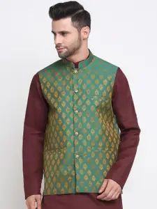 NEUDIS Men Green & Gold Jacquard Dupion Silk Nehru Jacket
