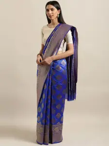 Mitera Blue & Golden Ethnic Motifs Zari Silk Blend Banarasi Saree