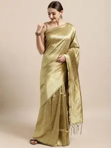 Mitera Cream-Coloured & Gold-Toned Woven Design Zari Silk Blend Banarasi Saree