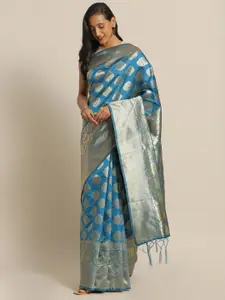 Mitera Blue & Silver-Toned Woven Design Zari Silk Blend Banarasi Saree