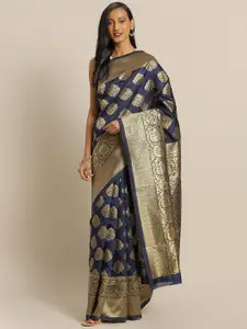 Mitera Navy Blue & Gold-Toned Woven Design Zari Silk Blend Banarasi Saree