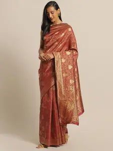 Mitera Maroon & Gold-Toned Woven Design Zari Silk Blend Banarasi Saree