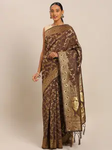 Mitera Coffee Brown & Golden Ethnic Motifs Zari Silk Blend Banarasi Saree