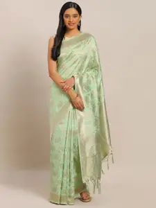 Mitera Sea Green & Gold-Toned Woven Design Silk Blend Banarasi Saree