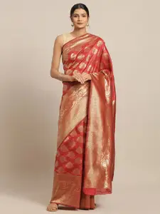 Mitera Red & Gold-Toned Woven Design Zari Silk Blend Banarasi Saree