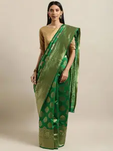 Mitera Green & Gold-Toned Woven Design Zari Silk Blend Banarasi Saree
