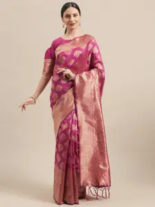 Mitera Pink & Gold-Toned Woven Design Zari Silk Blend Banarasi Saree