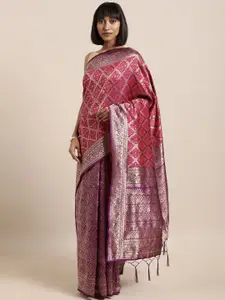Mitera Orange & Purple Ethnic Motifs Zari Silk Blend Half and Half Banarasi Saree